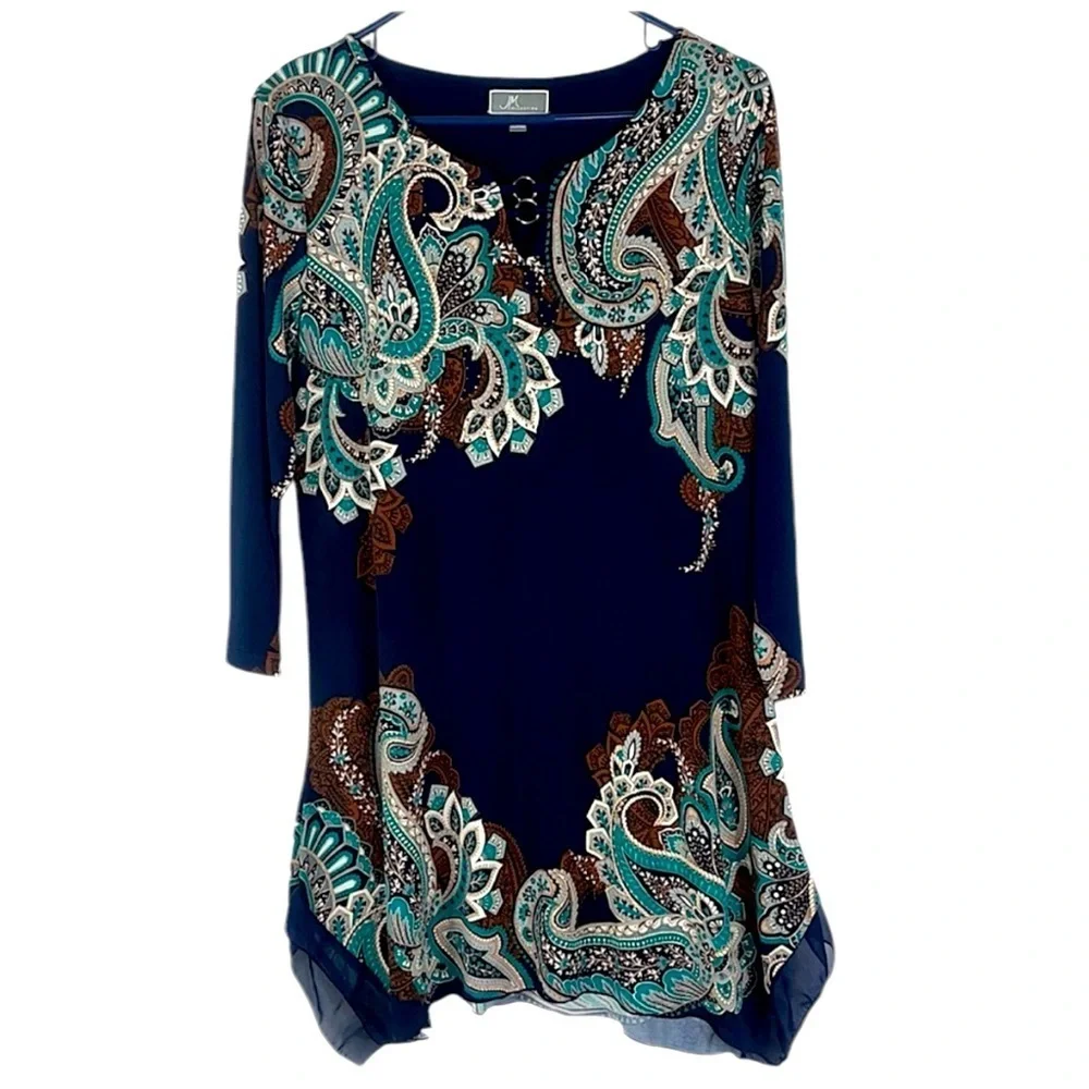 JM Collection 3/4 sleeve studded tunic boho chic Sz M